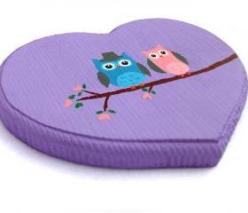 ON SALE Acrylic Painting, Handmade, Wooden Heart, ORIGINAL, Owls, Sweet, Cute, Love, ooak