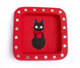 ON SALE Black Cat Decorative Plate, handmade, handpainted, Wooden, OOAK