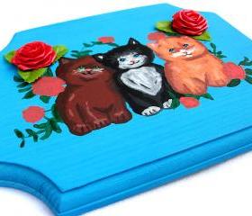 ON SALE Cat Painting, Wooden Plaque, ORIGINAL cat art, Three little cats