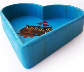 ON SALE Handpainted Owls Tray, Handmade OOAK, Wooden, Heart Shaped