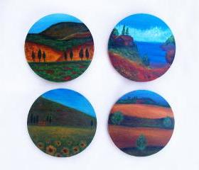ON SALE Painted Wood Coasters Set, Handpainted, Painting, Art, Handmade