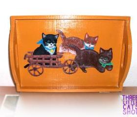 ON SALE Serving Tray, Handpainted, Handmade, OOAK, Wooden, Cats, Vintage