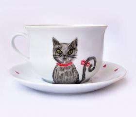 Hand Painted Cat Mug, I Love You Mug, Cat Mug with Saucer, Love Gift, OOAK