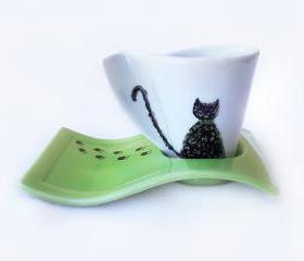 Porcelain Espresso Cup, Cat lovers cup, Hand Painted, Green, Coffee Cup