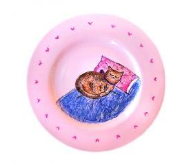 Hand Painted Sleeping Cat Plate, Breakfast Ceramic Plate, Sleeping Cat, Cat Pottery, Pink, OOAK