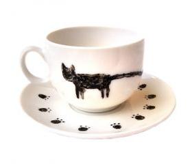 Hand Painted Cat Cup with Saucer, Hand Painted Ceramic, Cat with Long Tail, Cat Mug, Milk, Tea, Coffee, OOAK