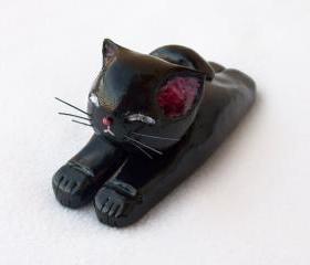 Black Cat Figurine, Handmade Polymer Clay OOAK Cat Sculpture, Cute Cat Ornament