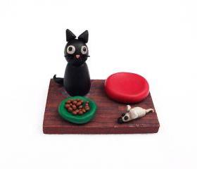 Black Cat Figurine, Handmade Polymer Clay Miniature OOAK Cat Sculpture