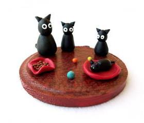 Cats Family Miniature, Handmade Polymer Clay Figurine OOAK Cat Sculpture