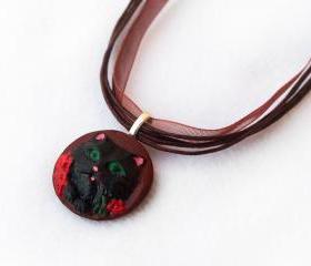 Black Persian Cat Necklace, Polymer Clay, Cat, Flowers, Brown, Handmade