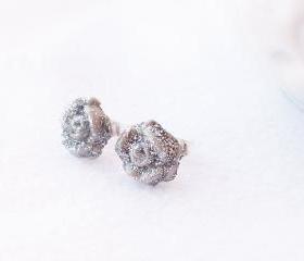 On sale - Silver Glitter Rose Stud Earrings, Polymer Clay, Handmade, Nickel Free, with GIFT BOX