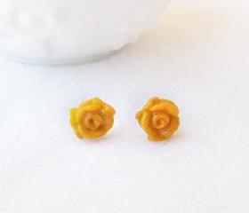 On sale - Yellow Rose Stud Earrings, Polymer Clay, Handmade, Nickel Free, with GIFT BOX