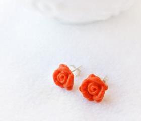On sale - Orange Rose Stud Earrings, Polymer Clay, Handmade, Nickel Free, with GIFT BOX
