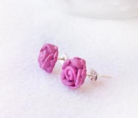 On sale - Pink Rose Stud Earrings, Polymer Clay, Handmade, Nickel Free, with GIFT BOX
