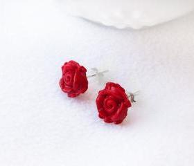 On sale - Red Rose Stud Earrings, Polymer Clay, Handmade, Nickel Free, with GIFT BOX