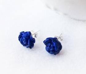 On sale - Blue Rose Stud Earrings, Polymer Clay, Handmade, Nickel Free, with GIFT BOX