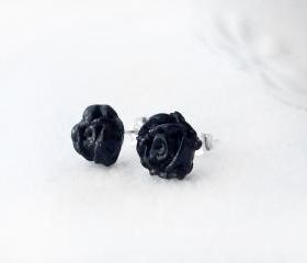 On sale - Black Rose Stud Earrings, Polymer Clay, Handmade, Nickel Free, with GIFT BOX