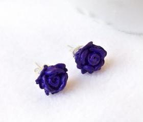 On sale - Purple Rose Stud Earrings, Polymer Clay, Handmade, Nickel Free, with GIFT BOX