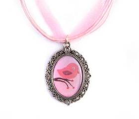 Love Bird Cameo Necklace, Silver Plated, Pink Bird Pendant, Pink Organza, Love Gift