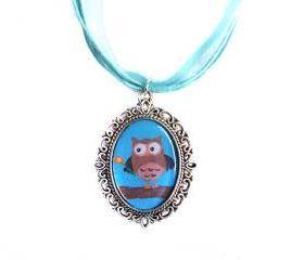 Owl Cameo Necklace, Silver Plated, Cute Owl Pendant, Turquoise Organza, Love Gift