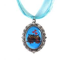 Love Owls Necklace, Cameo, Silver Plated, Owl Couple Pendant, Turquoise Organza, Love Gift