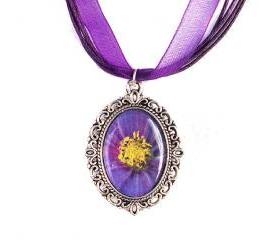 Purple Flower Cameo Necklace, Photo Pendant, Resin, Silver Plated, Purple Organza