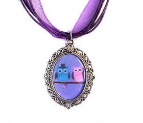 Love Owls Necklace, Cameo, Silver Plated, Owl Couple Pendant, Purple Organza, Love Gift