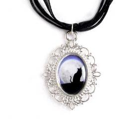 Cat by the Moon Cameo Necklace, Silver Plated, Cat Pendant, Black Organza, Gift Idea