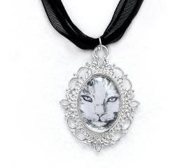 Cat Cameo Necklace, Silver Plated, Cat Pendant, Black Organza, Love Gift