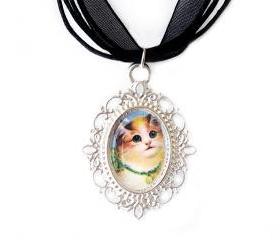 Cat Cameo Necklace, Silver Plated, Cat Pendant, Vintage, Black Organza, Gift Idea