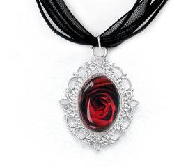 Red Rose Cameo Necklace, Silver Plated, Rose Pendant, Black Organza, Love Gift