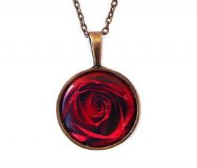 Red Rose Necklace, Cameo, Photo Pendant, Resin, Bronze Tone