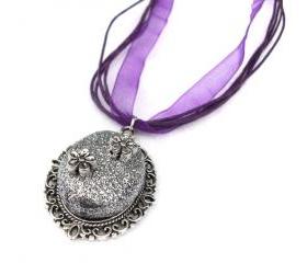 Glitter Cameo Necklace, Sparkly Pendant, Silver Plated, Purple Organza