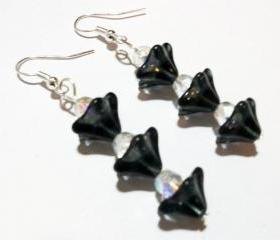 Glass Earrings, Crystals, Handmade, OOAK, Black Tulips