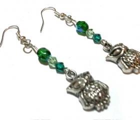 Owl earrings, Tibet Silver, Swarovski, Handmade, OOAK, half crystals