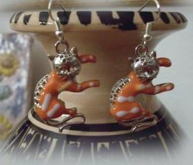 Cats Earrings, 18K white gold plated, handmade, OOAK, orange