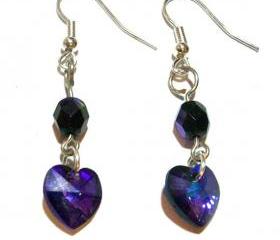 Swarovski Earrings, Purple, Heart, Handmade, OOAK