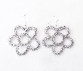 Crochet Flower Earrings Silver Shiny Sparkly Elegant Bridal Chic Cocktail Party