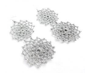 Crochet Dangle Earrings Silver Shiny Sparkly Elegant Bridal Chic Cocktail Party