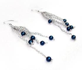 Crochet Dangle Earrings Chains Silver and Blue Beads