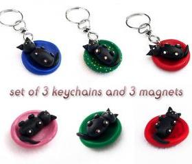 SET OF THREE Polymer Clay Cat Key Chains and Magnets, Baby Cat Miniature, Clay Cat Sculpture, Cat Figurine, Puppy Kennel