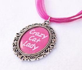 Crazy Cat Lady Necklace, Cat Lovers Gifts, Silver Plated Cameo Necklace, Pink